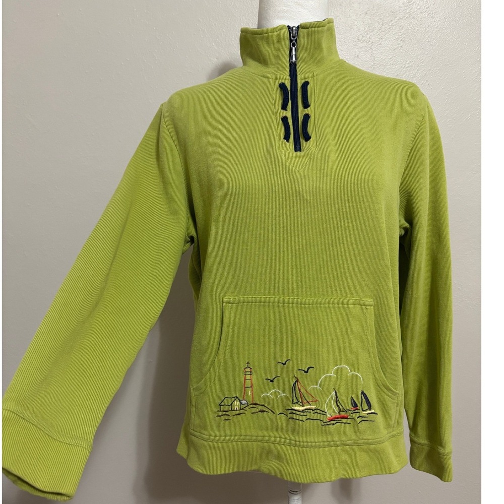 Breckenridge Quarter Zip Sweatshirt Green Nautical Embroidered Sailboat Petite M